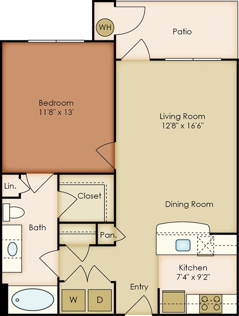 Floor plan for 1 bed, 1 bath, 715 sqft